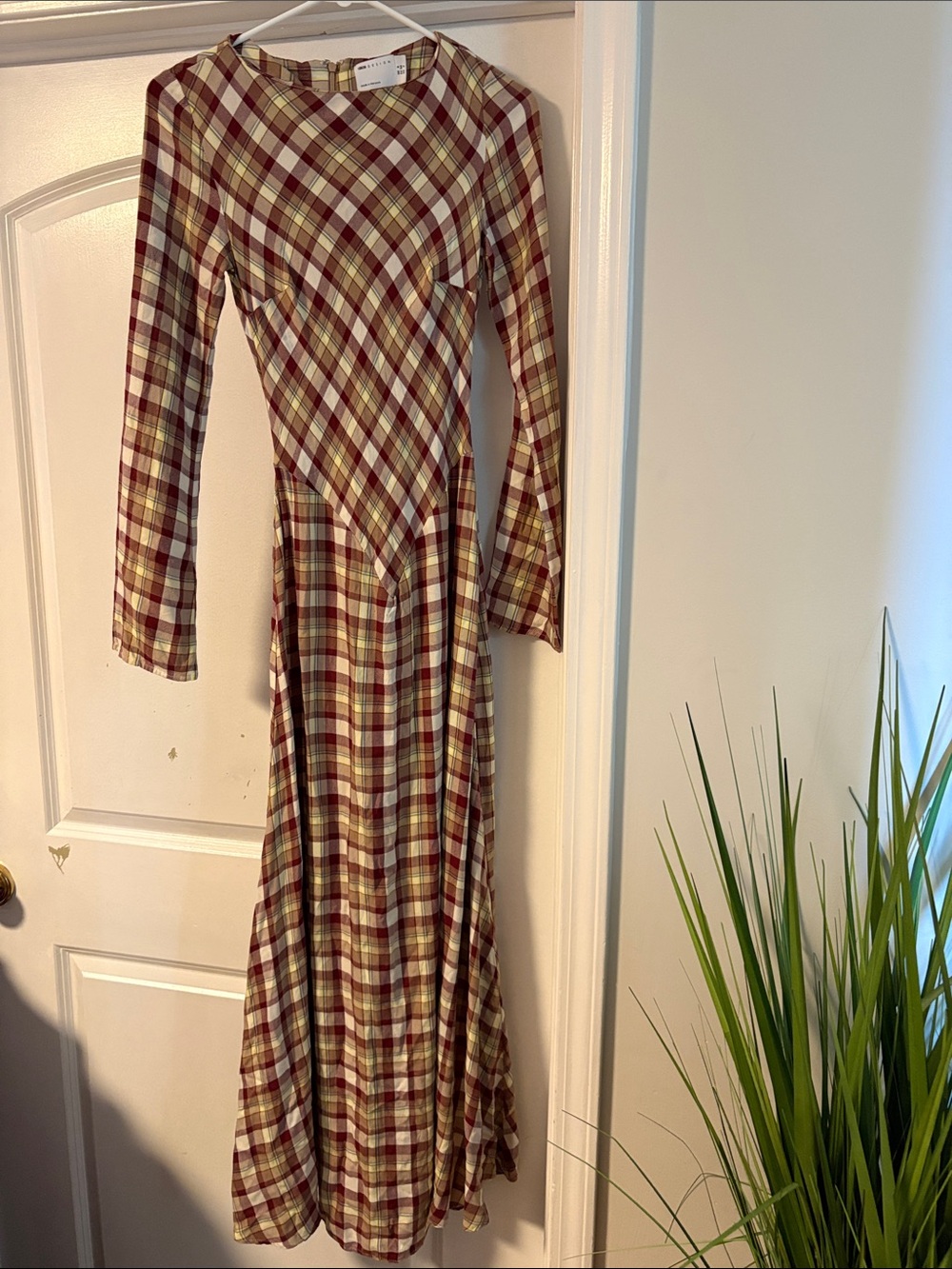 Plaid Long Sleeve Maxi Dress in Burgundy and Cream - Picture 3 of 5
